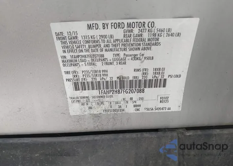 2015 Ford Taurus Sel from USA, damaged, VIN 1FAHP2H87FG207088